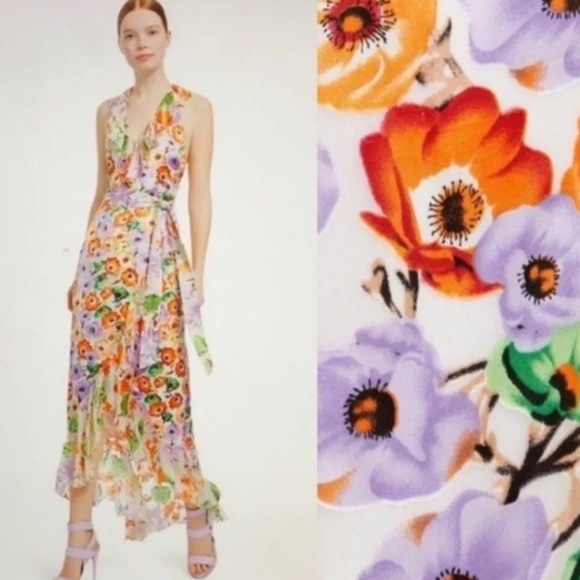 Alice + Olivia Evelia Ruffled Floral Asymmetrical Halter Maxi Dress Size 4 NWT - Picture 2 of 10